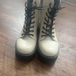 White and Black Combat Moto Boots with Chunky Design